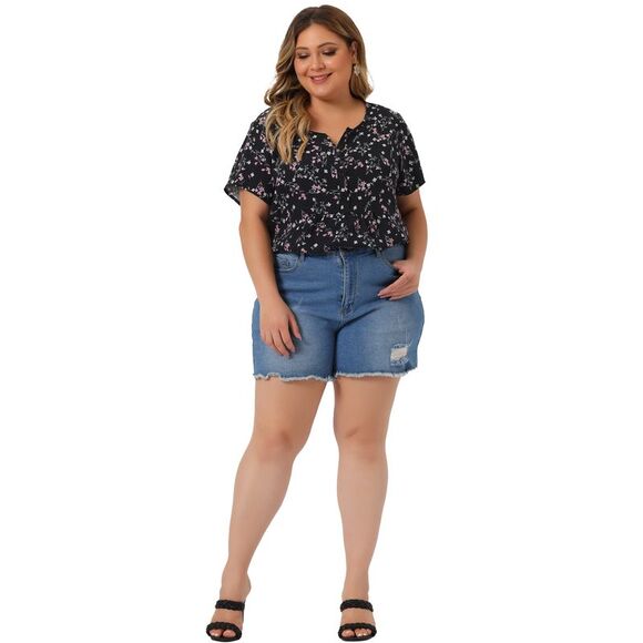 Plus Size Women's Summer Tops Floral Half Placket Short Sleeve Blouses Black - Picture 3 of 6